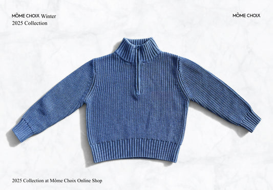 MÔME CHOIX Machines-Washable Blue TENCEL Quarter Zip Sweater